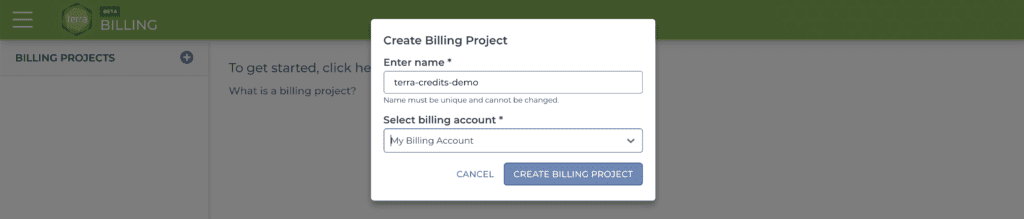 screenshot of menu for creating a new Terra billing project
