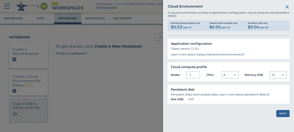 screenshot showing the Galaxy launch button and configuration dialog