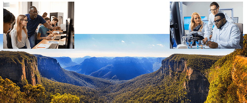 photo of a canyon with a photo insert of a classroom setting on the left and one of a lab setting on the right, illustrating the concept of the great divide between teaching and research environments