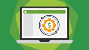 Laptop with a screen showing a dollar sign nested within a gear