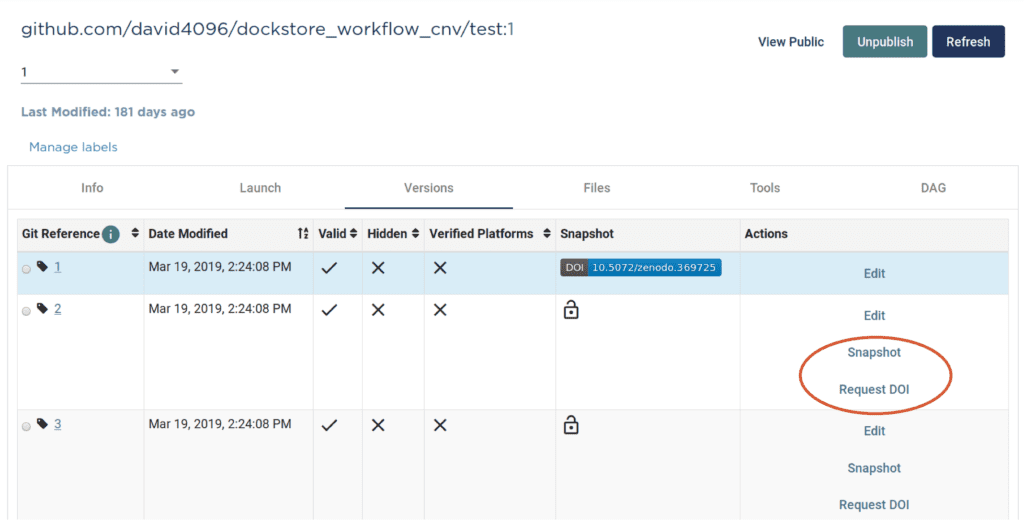 Screenshot of snapshot and DOI creation