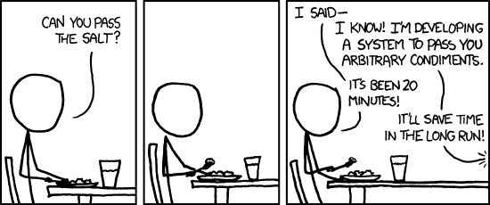 Three-panel comic from xkcd.com depicting a scene where one person is seated at a table, eating a meal. In the first panel, they ask a second person (not shown)